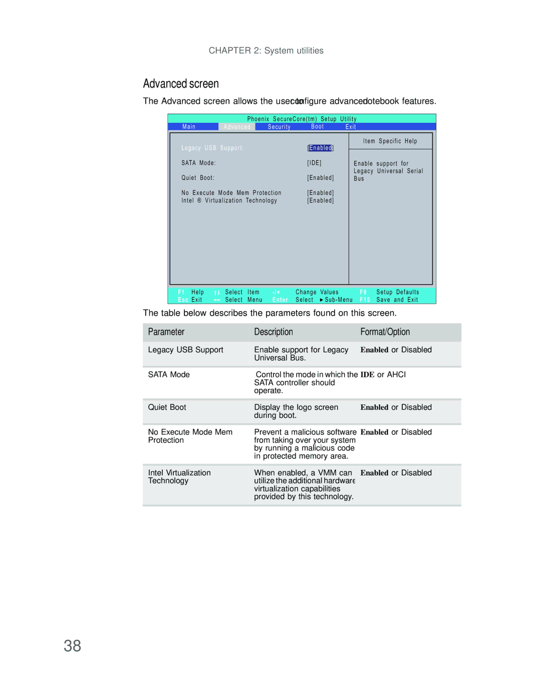 Gateway p-79 manual Advanced screen, Parameter Description Format/Option 