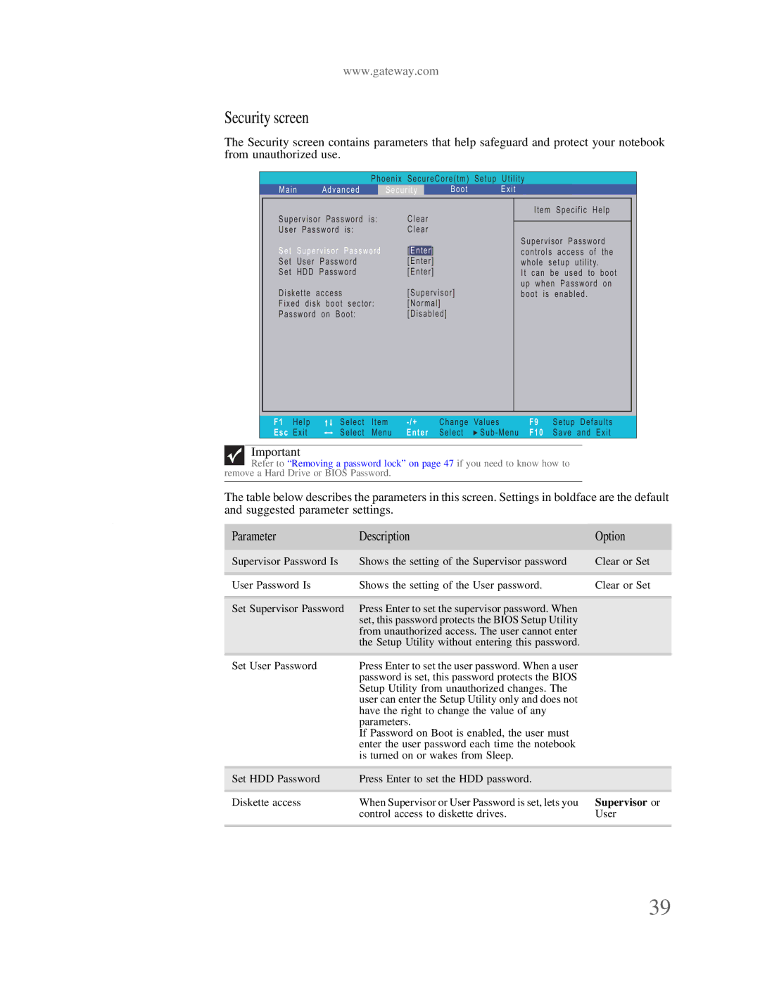 Gateway p-79 manual Security screen, Parameter Description Option 