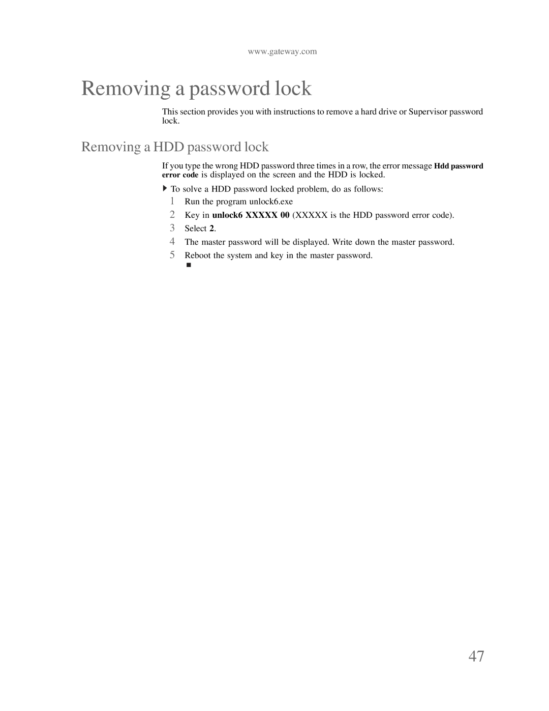 Gateway p-79 manual Removing a password lock, Removing a HDD password lock 