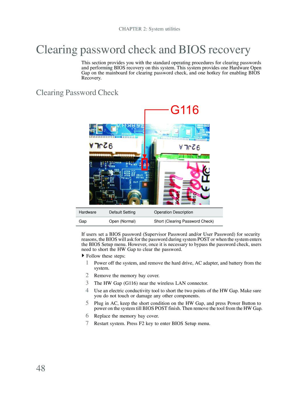 Gateway p-79 manual Clearing password check and Bios recovery, Clearing Password Check 