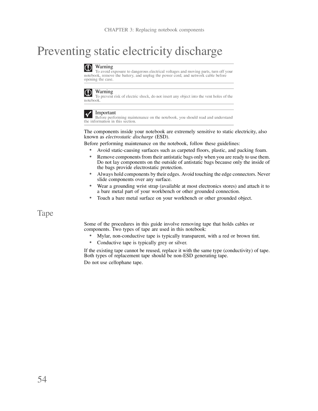 Gateway p-79 manual Preventing static electricity discharge, Tape 