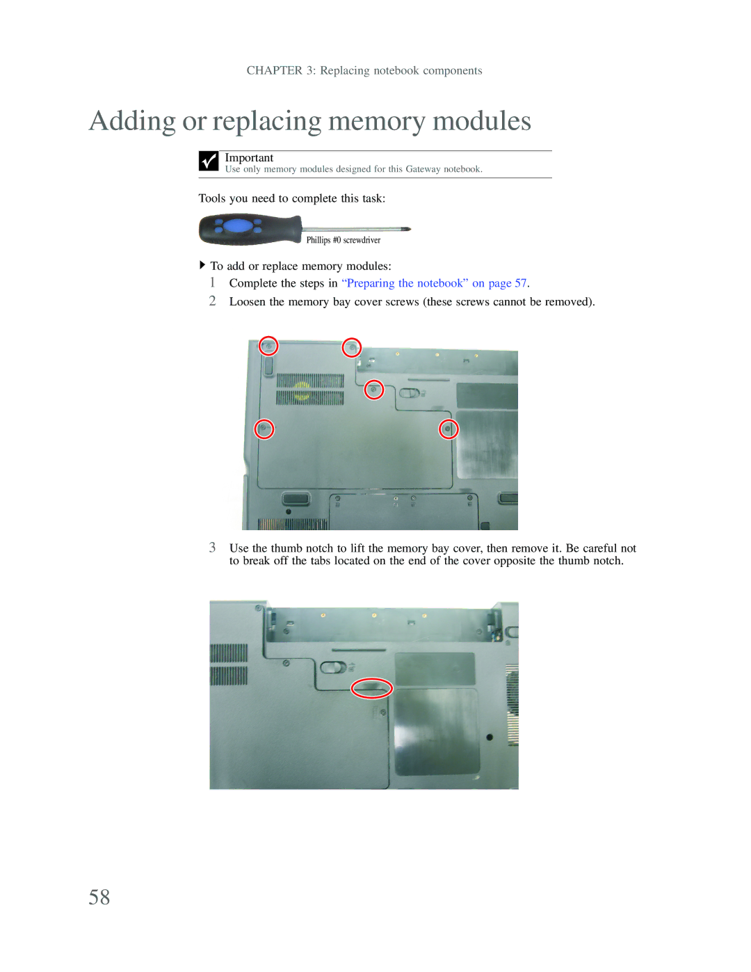 Gateway p-79 manual Adding or replacing memory modules, Complete the steps in Preparing the notebook on 