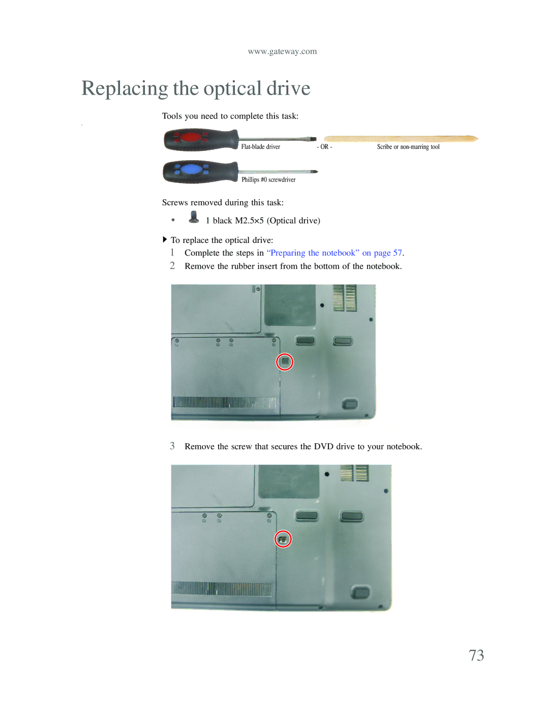 Gateway p-79 manual Replacing the optical drive 