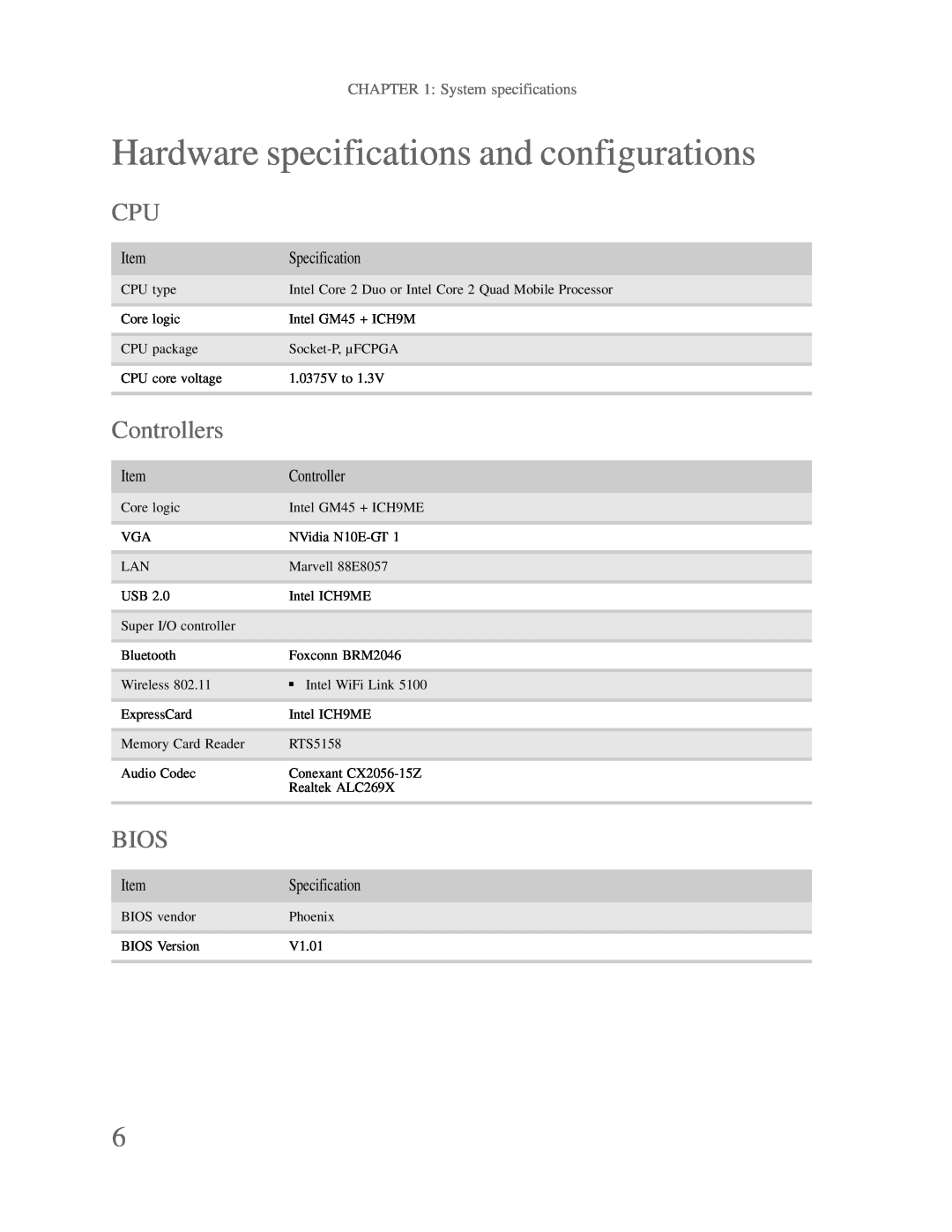 Gateway p-79 manual Hardware specifications and configurations, Controllers, Bios, System specifications 