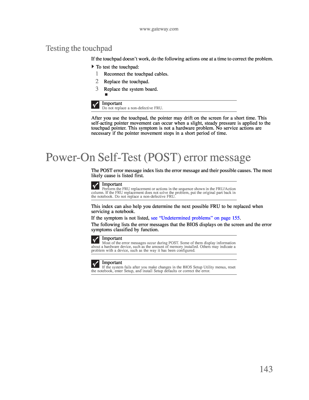 Gateway p-79 manual Power-On Self-Test POST error message, Testing the touchpad 
