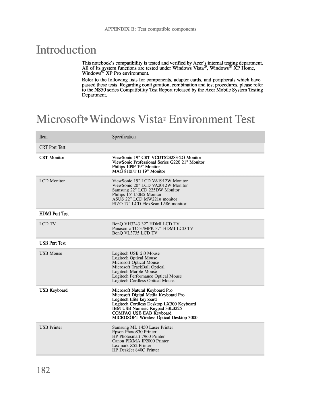 Gateway p-79 manual Microsoft Windows Vista Environment Test, Introduction, APPENDIX B Test compatible components 