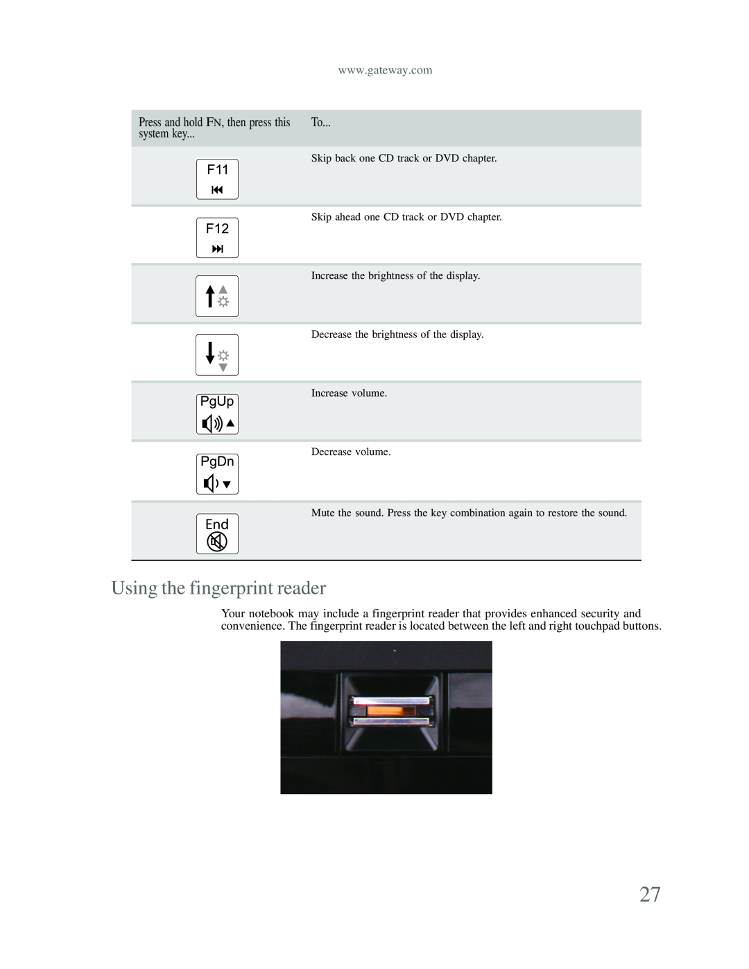 Gateway p-79 manual Using the fingerprint reader 
