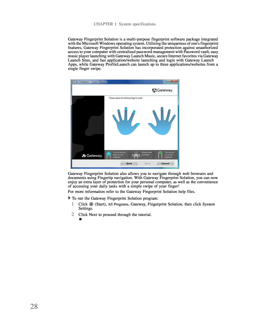 Gateway p-79 manual System specifications, To run the Gateway Fingerprint Solution program 