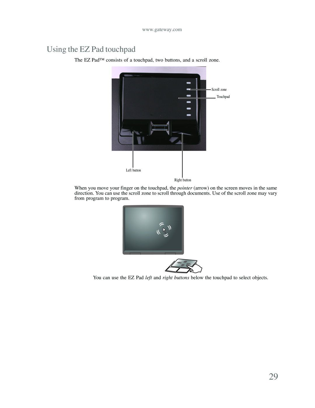 Gateway p-79 manual Using the EZ Pad touchpad 