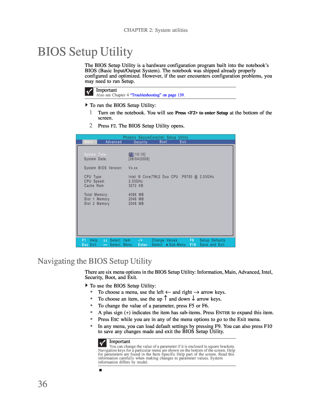 Gateway p-79 manual Navigating the BIOS Setup Utility, System utilities 