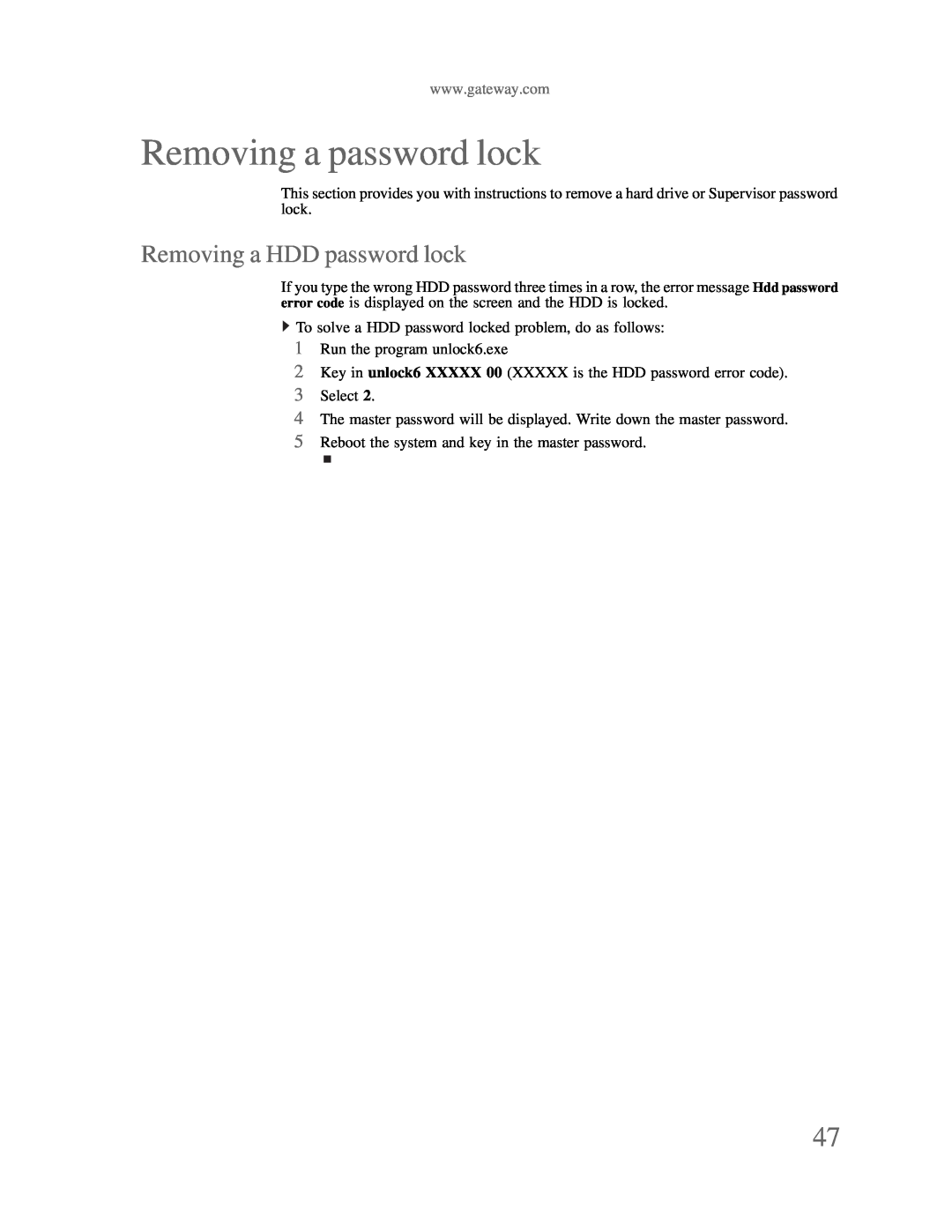 Gateway p-79 manual Removing a password lock, Removing a HDD password lock 