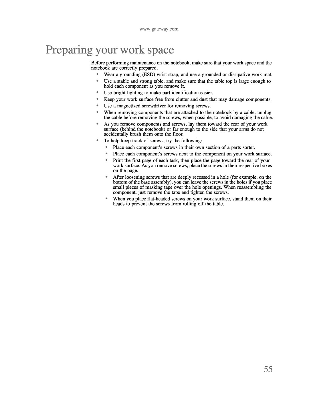 Gateway p-79 manual Preparing your work space 