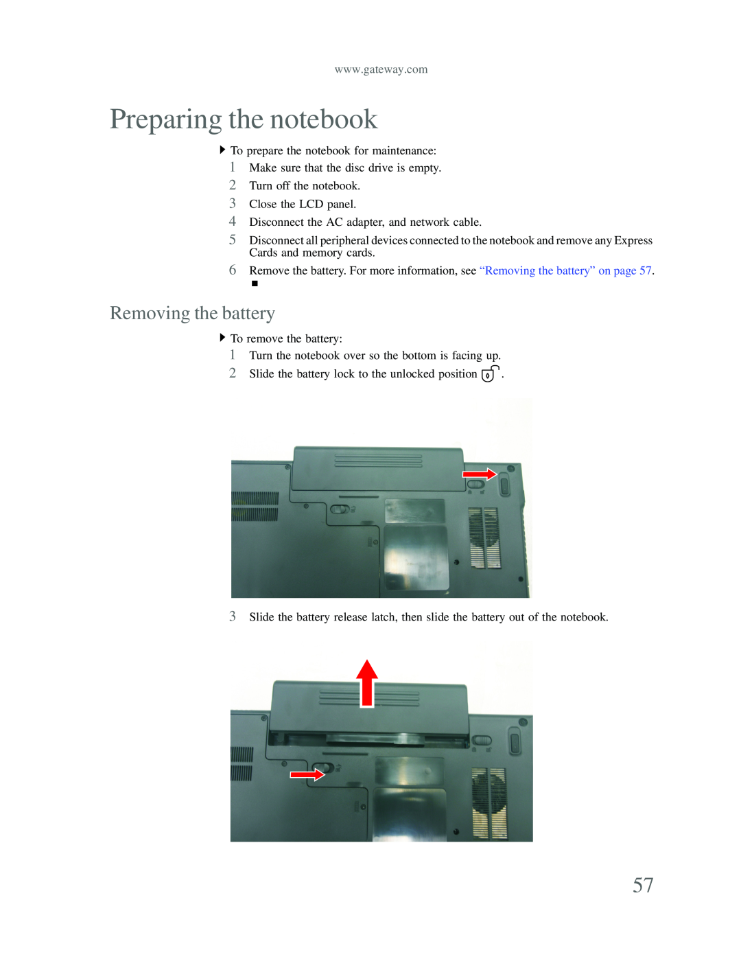 Gateway p-79 manual Preparing the notebook, Removing the battery 