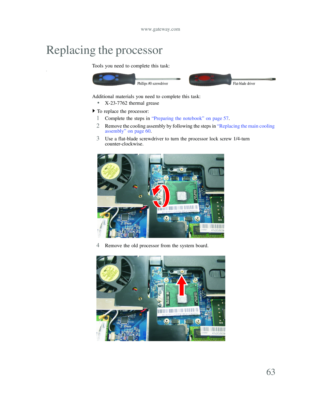 Gateway p-79 manual Replacing the processor, Complete the steps in “Preparing the notebook” on page, Flat-blade driver 