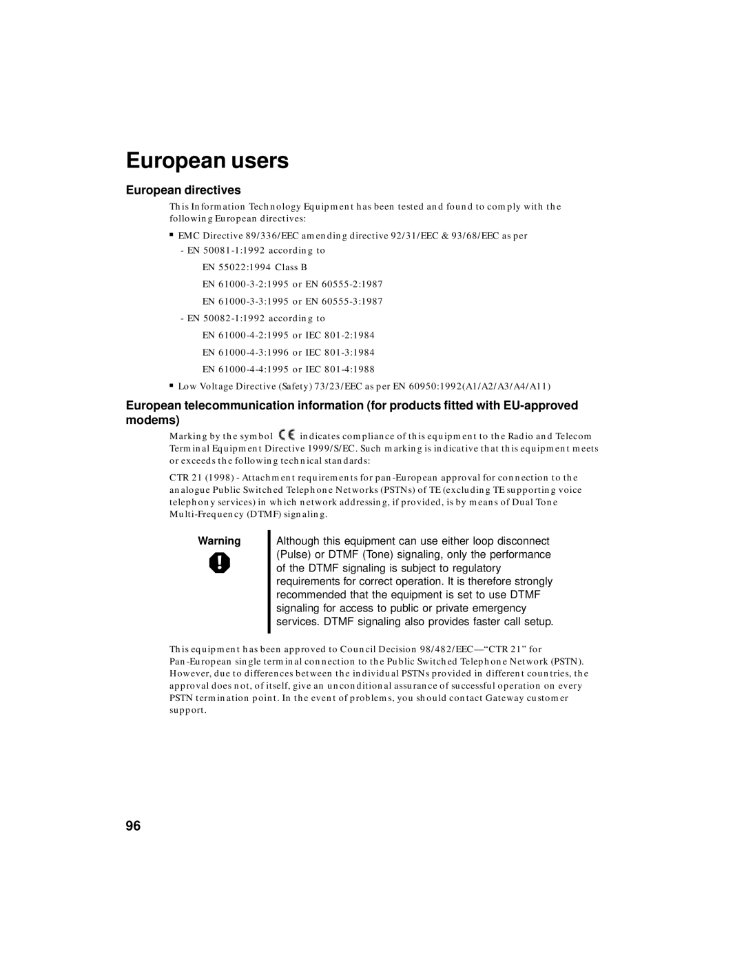 Gateway PC manual European users, European directives 