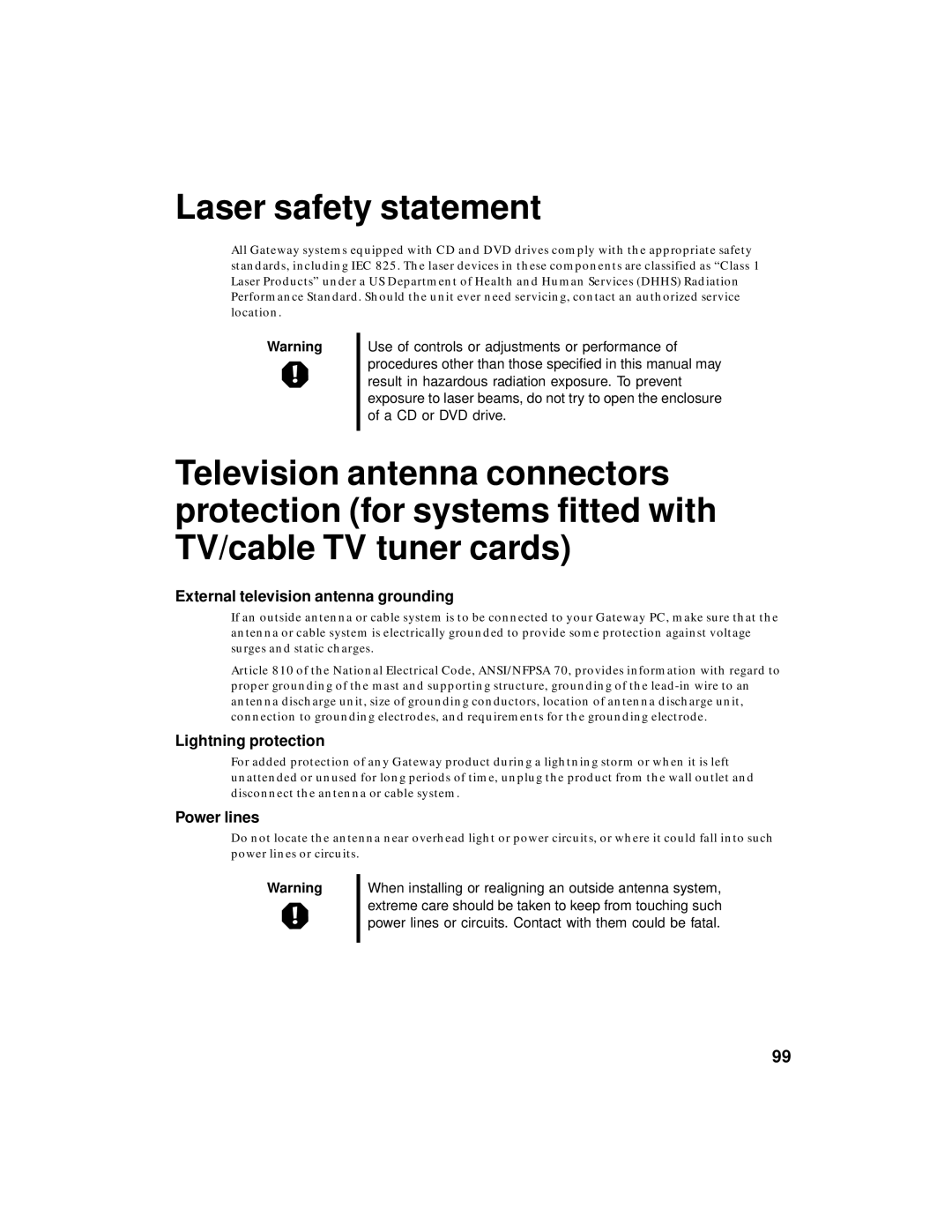 Gateway PC manual Laser safety statement, External television antenna grounding, Lightning protection, Power lines 