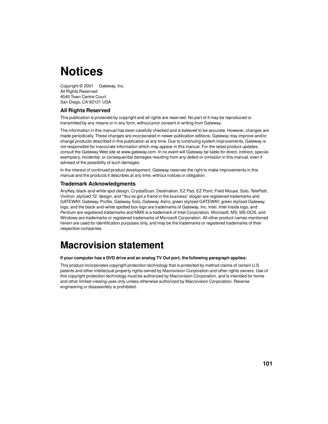 Gateway PC manual Macrovision statement, 101, All Rights Reserved, Trademark Acknowledgments 