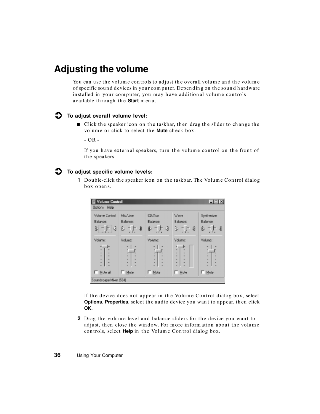 Gateway PC manual Adjusting the volume, To adjust overall volume level, To adjust specific volume levels 