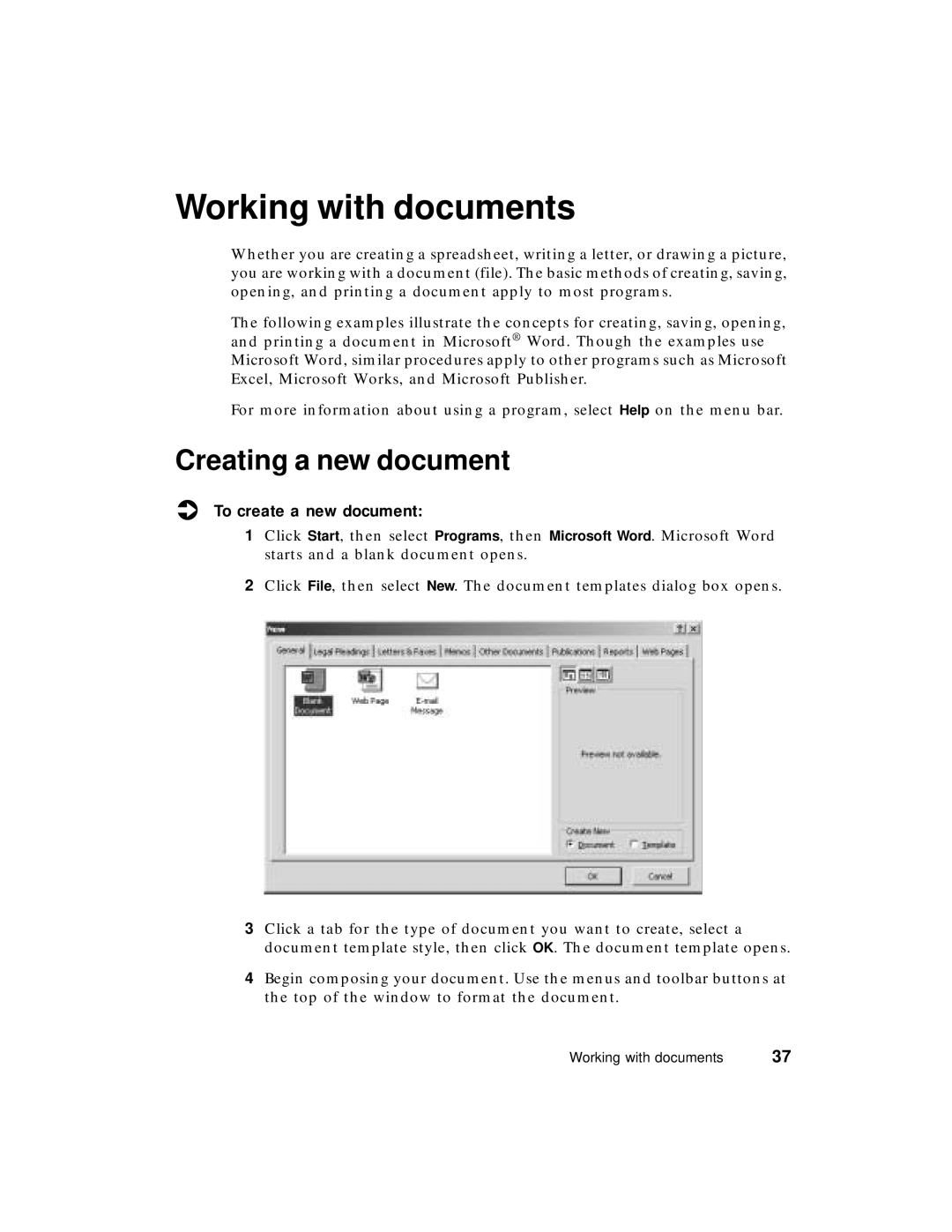 Gateway PC manual Working with documents, Creating a new document, To create a new document 