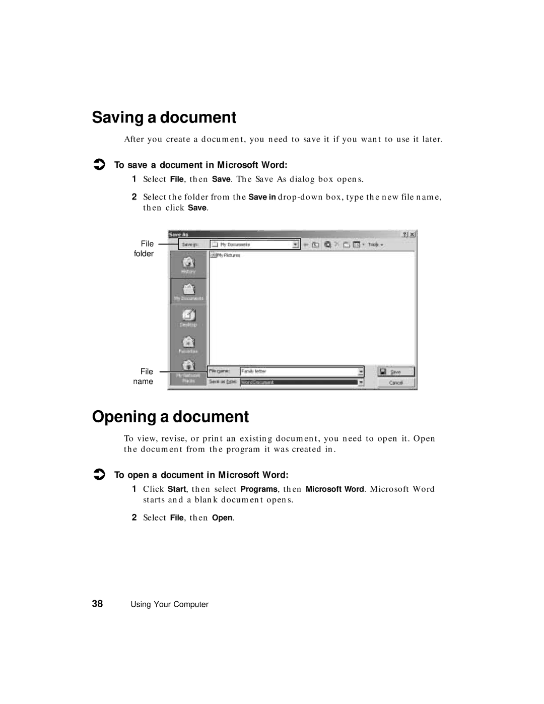 Gateway PC manual Saving a document, Opening a document, To save a document in Microsoft Word 