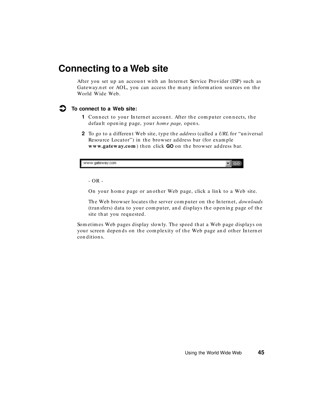 Gateway PC manual Connecting to a Web site, To connect to a Web site 