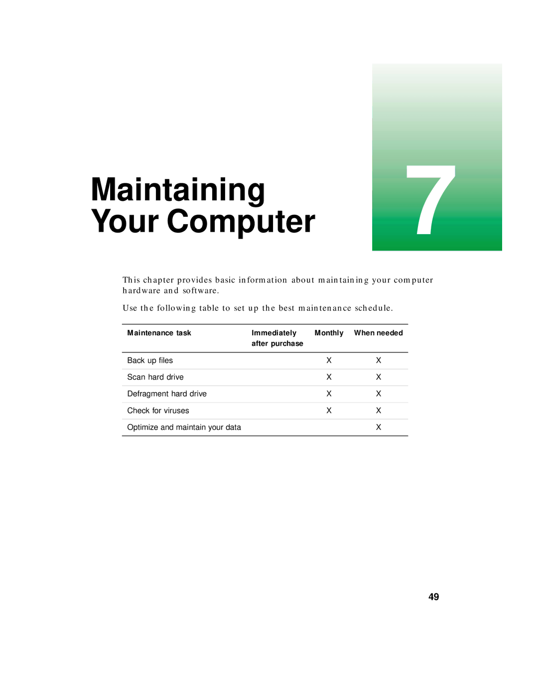 Gateway PC manual Maintaining7 Your Computer, Maintenance task Immediately, After purchase 