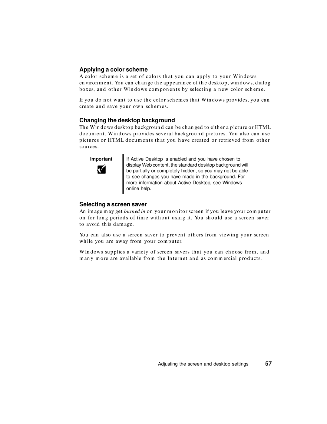 Gateway PC manual Applying a color scheme, Changing the desktop background, Selecting a screen saver 