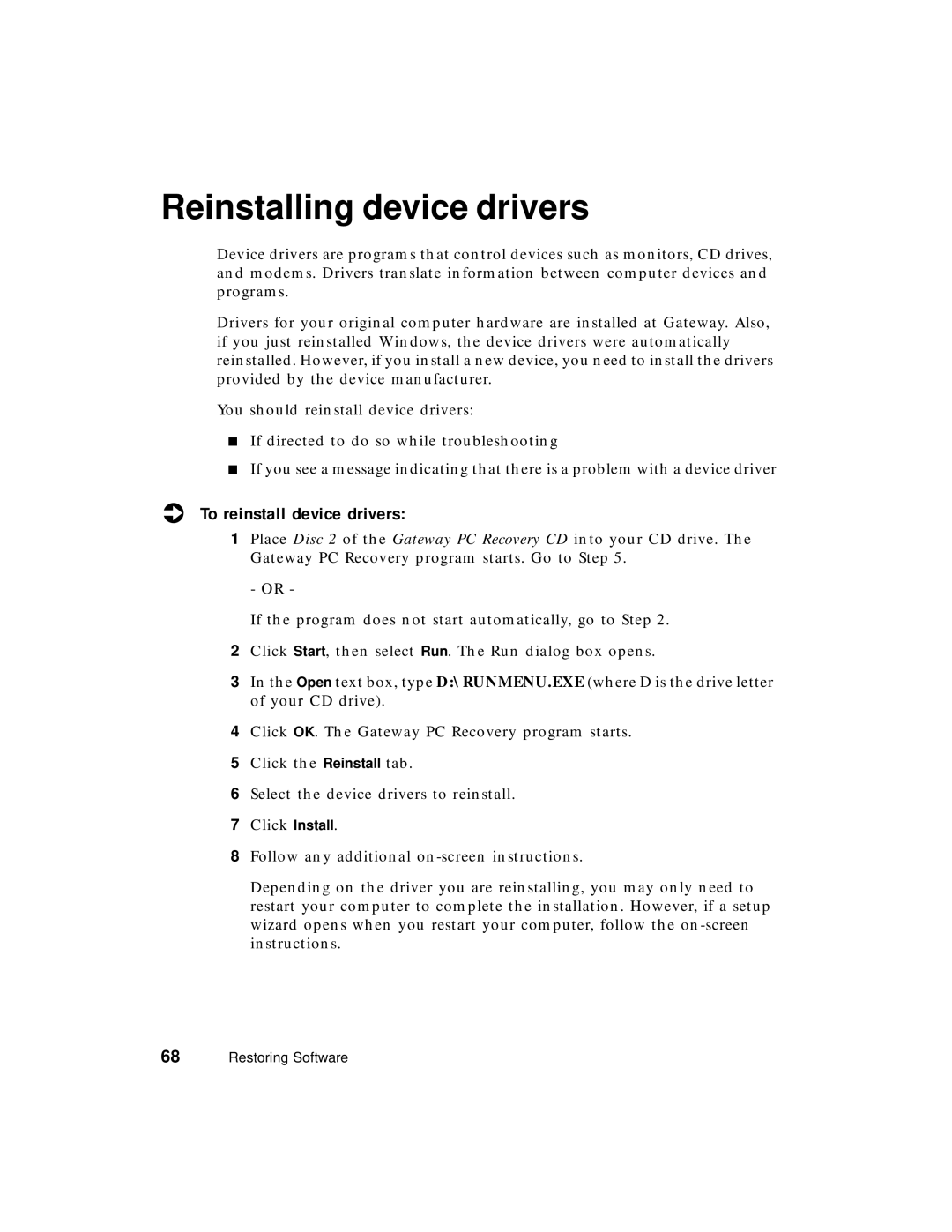 Gateway PC manual Reinstalling device drivers, To reinstall device drivers 