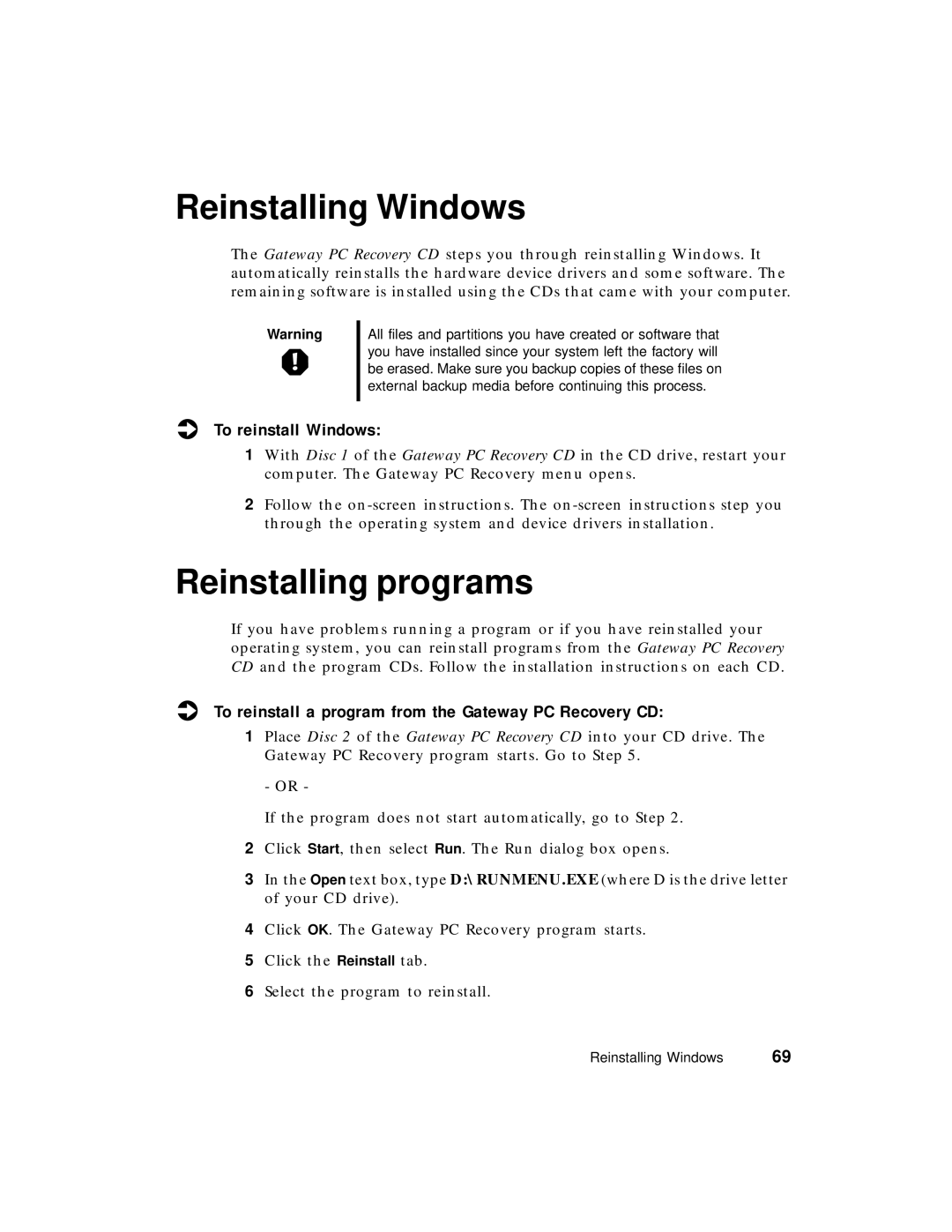 Gateway PC manual Reinstalling Windows, Reinstalling programs, To reinstall Windows 