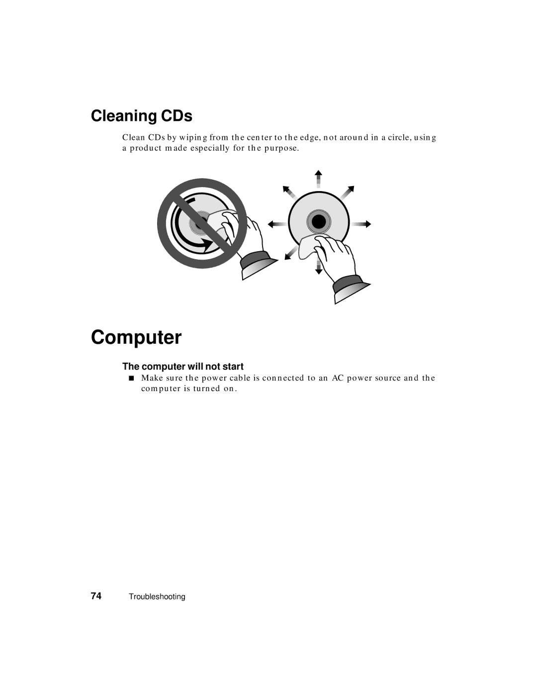 Gateway PC manual Cleaning CDs, Computer will not start 