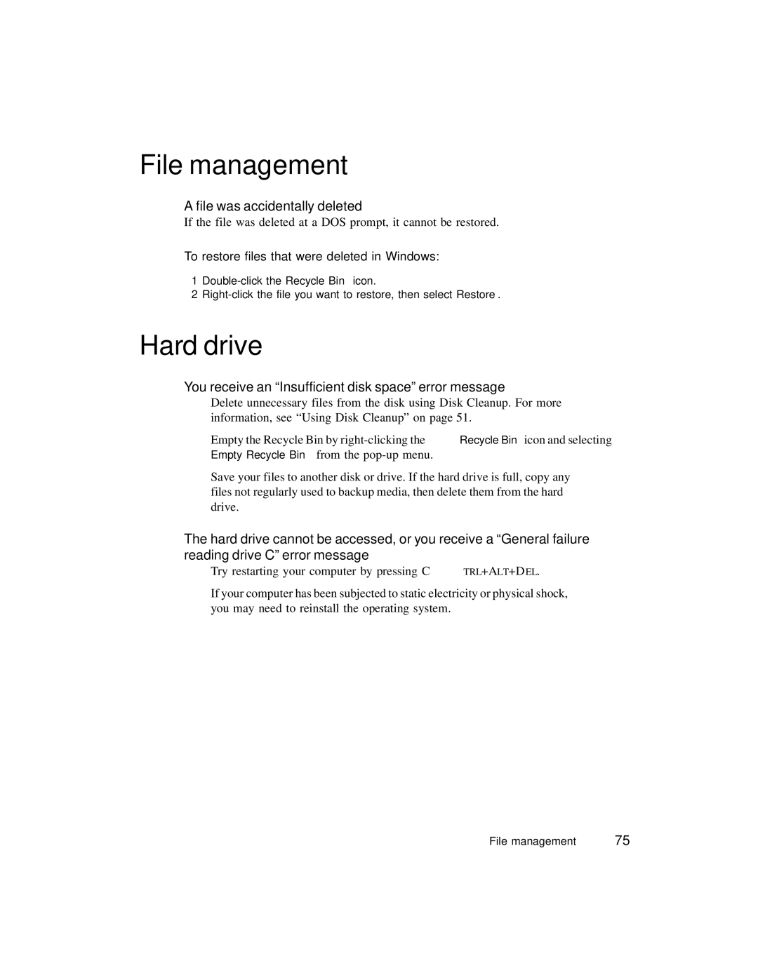 Gateway PC manual File management, Hard drive, File was accidentally deleted, To restore files that were deleted in Windows 