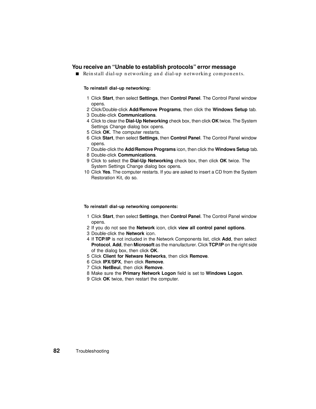 Gateway PC manual You receive an Unable to establish protocols error message, To reinstall dial-up networking 