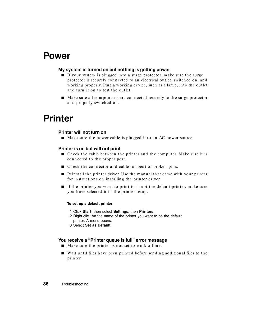 Gateway PC manual Power, Printer 