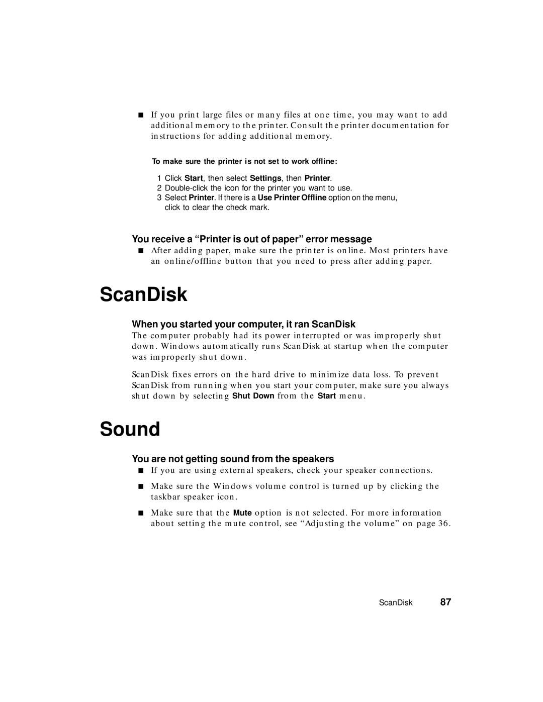 Gateway PC manual ScanDisk, Sound, You receive a Printer is out of paper error message 