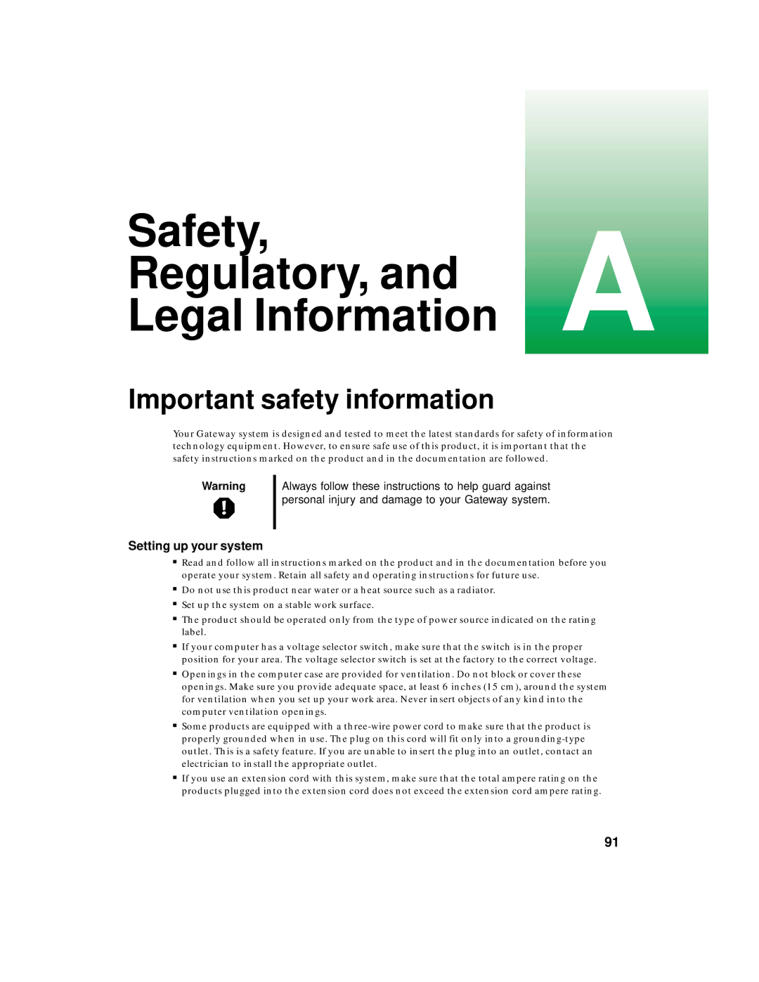 Gateway PC manual Safety Regulatory, and a Legal Information, Important safety information, Setting up your system 