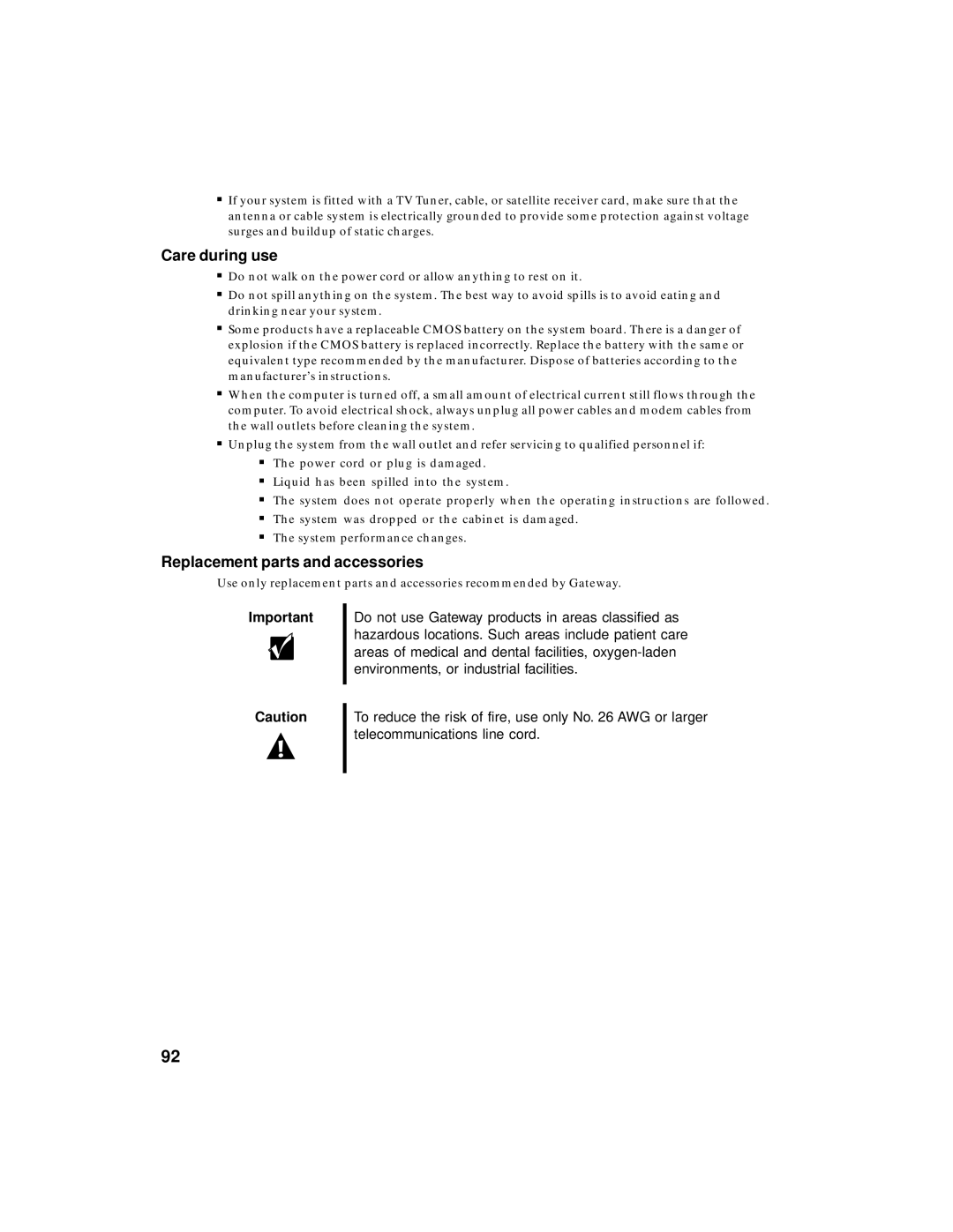 Gateway PC manual Care during use, Replacement parts and accessories 