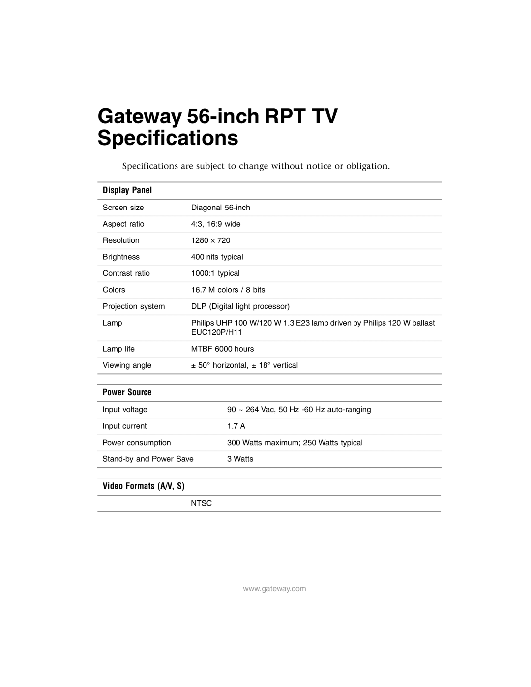 Gateway RPT TV specifications Display Panel, Power Source, Video Formats A/V, S 