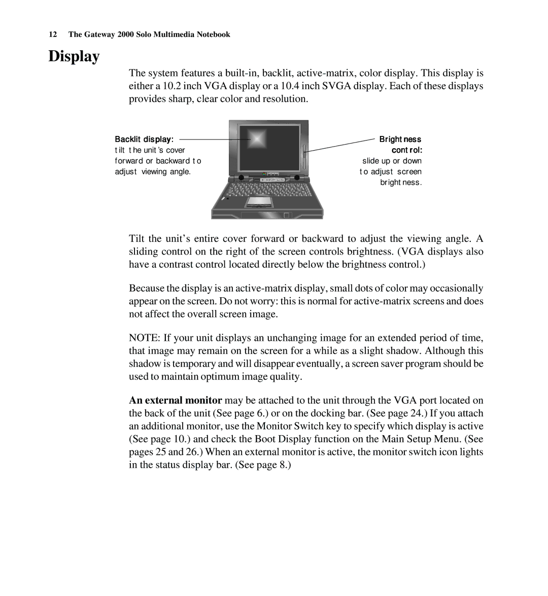 Gateway SYSMAN017AAUS manual Display, Backlit display, Brightness control 