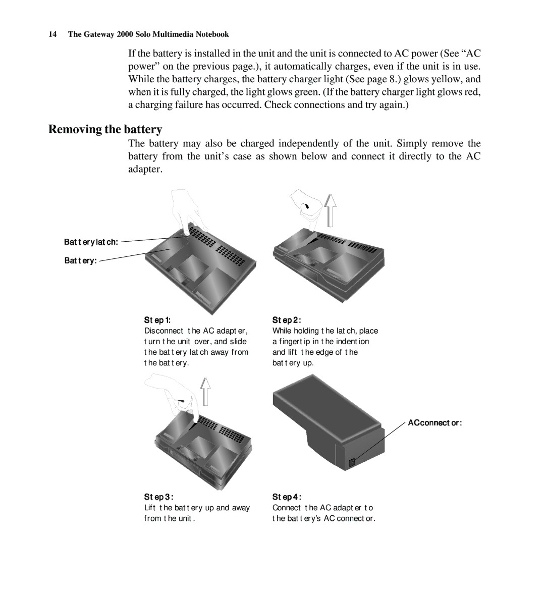 Gateway SYSMAN017AAUS manual Battery latch Step, AC connector Step 