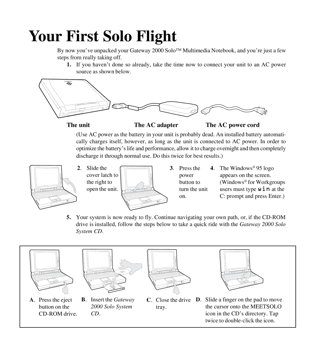 Gateway SYSMAN017AAUS manual Your First Solo Flight, Unit AC adapter AC power cord 