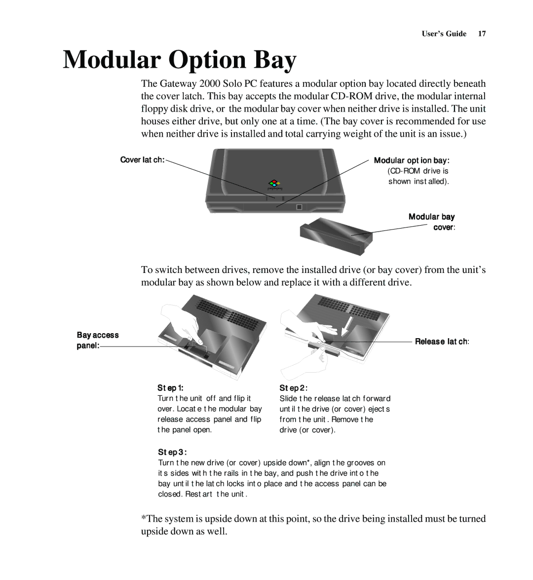 Gateway SYSMAN017AAUS manual Modular Option Bay, Cover latch Modular option bay, Bay access, Panel 