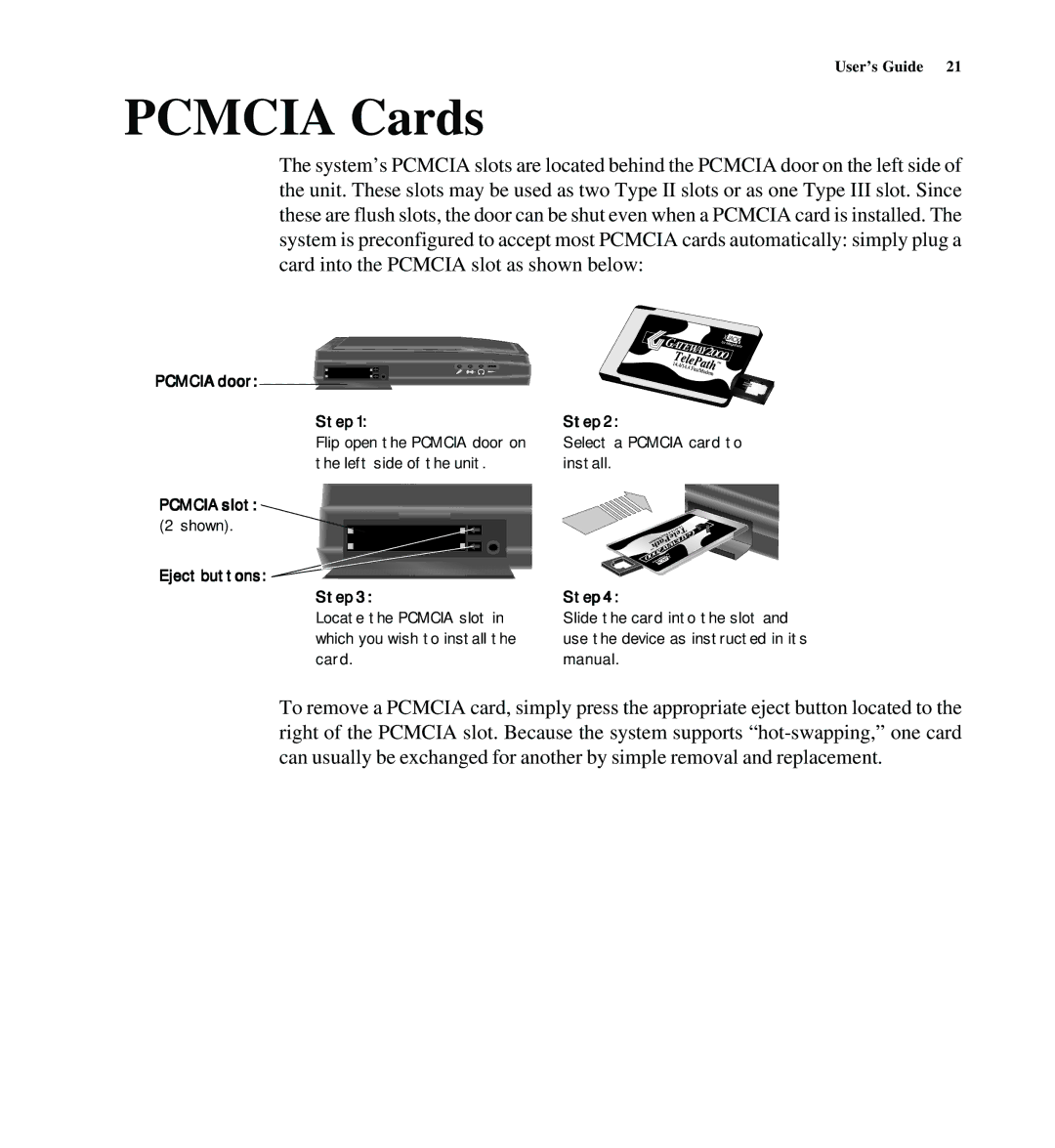 Gateway SYSMAN017AAUS manual Pcmcia Cards, Pcmcia door Step, Pcmcia slot, Eject buttons Step 