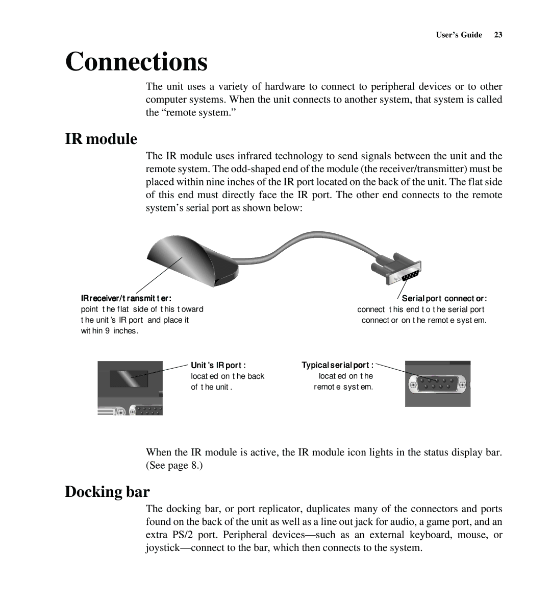 Gateway SYSMAN017AAUS Connections, IR module, Docking bar, IR receiver/transmitter Serial port connector, Unit’s IR port 
