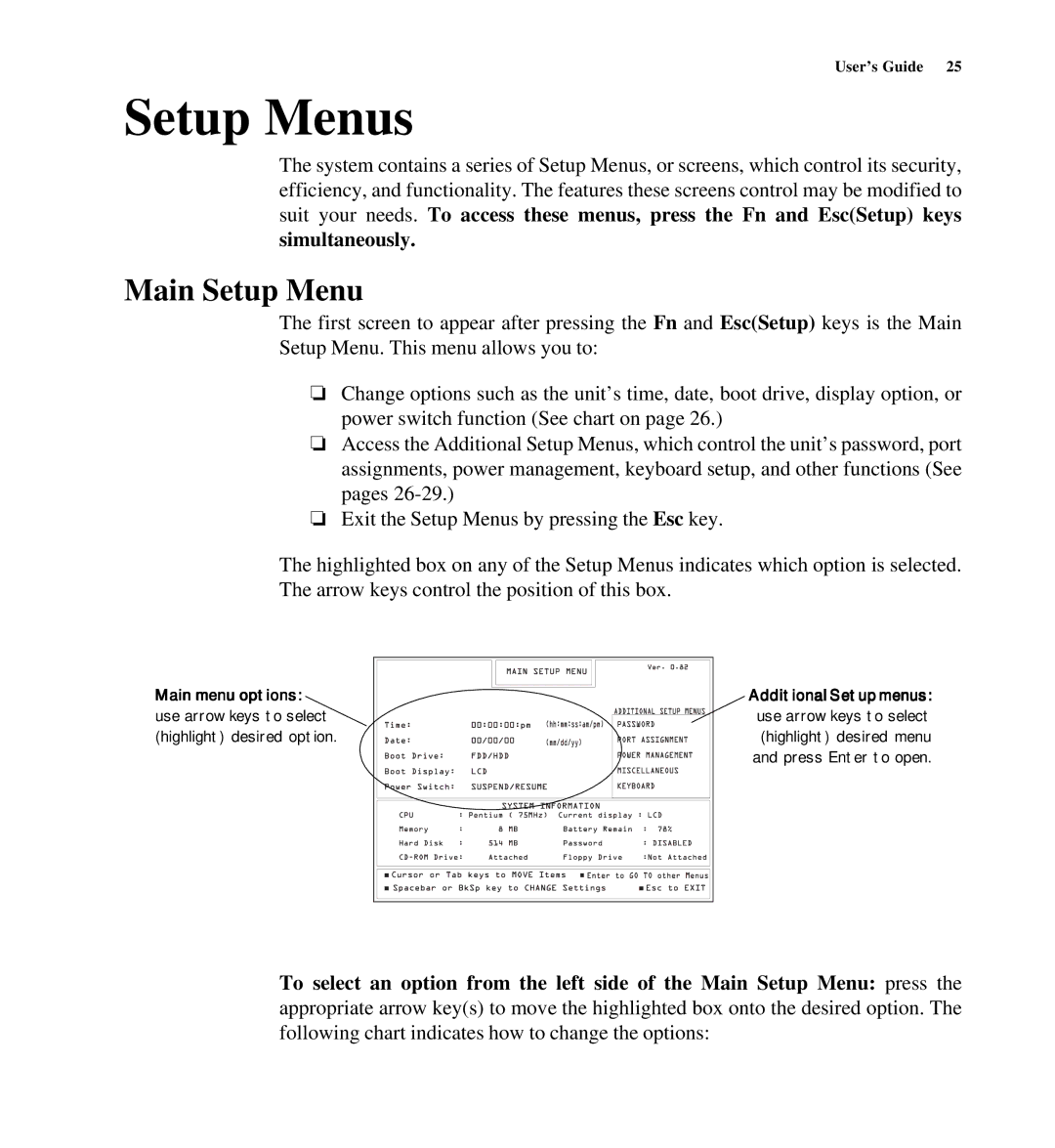 Gateway SYSMAN017AAUS manual Setup Menus, Main Setup Menu, Simultaneously, Main menu options, Additional Setup menus 