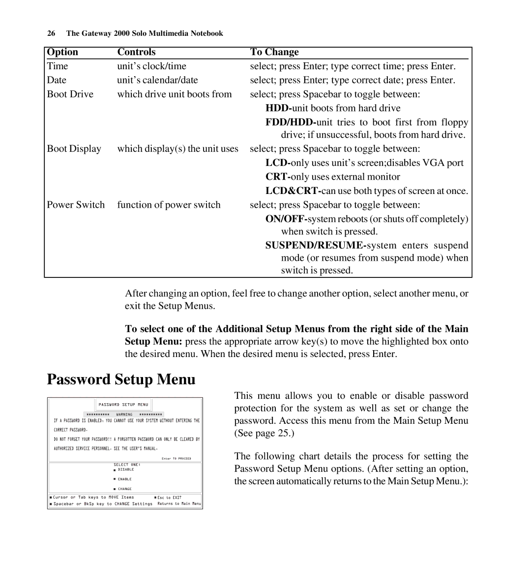 Gateway SYSMAN017AAUS manual Password Setup Menu, Option Controls To Change 