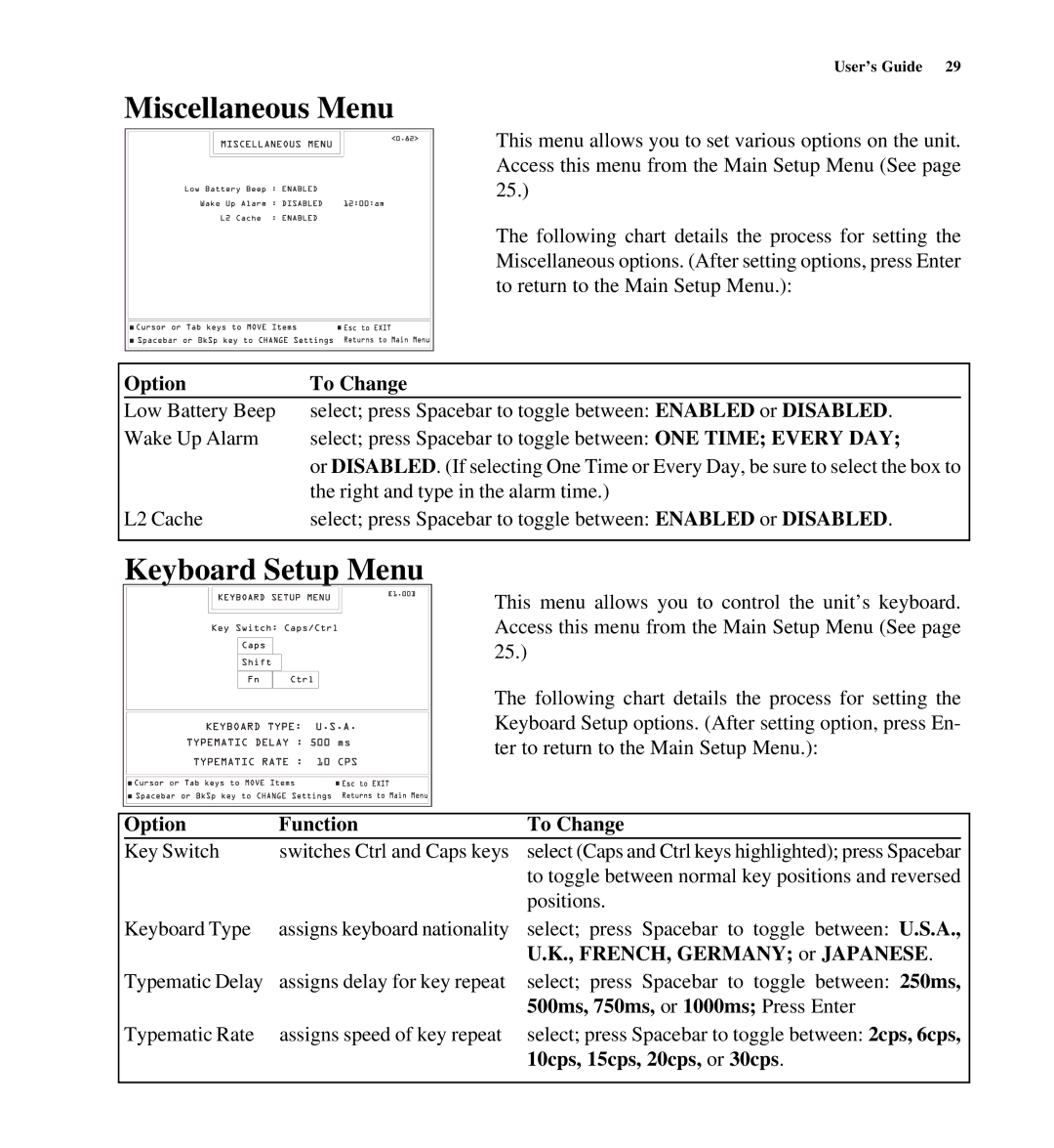 Gateway SYSMAN017AAUS Miscellaneous Menu, Keyboard Setup Menu, FRENCH, Germany or Japanese, 10cps, 15cps, 20cps, or 30cps 