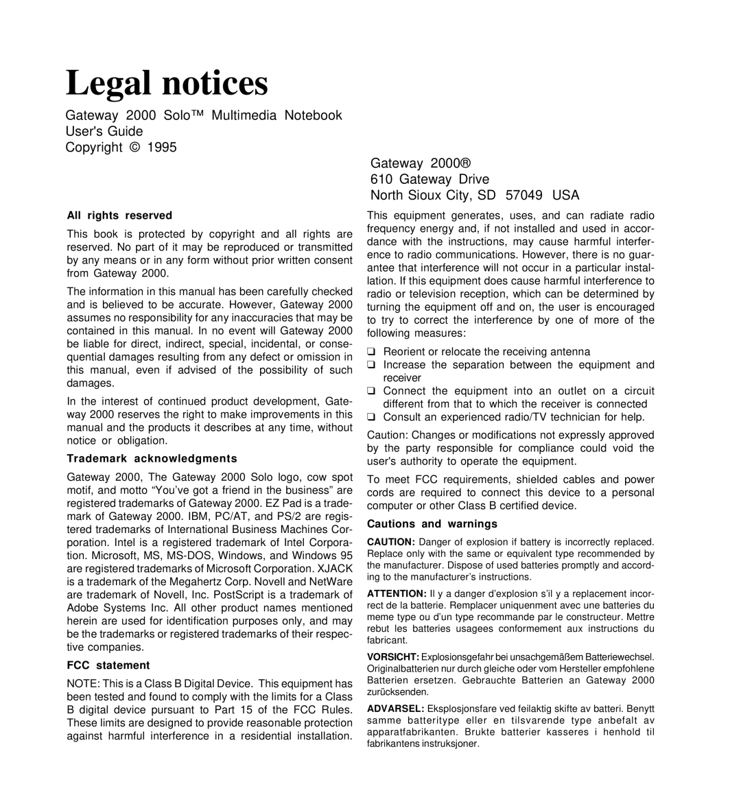 Gateway SYSMAN017AAUS manual Legal notices, Gateway 2000 Solo Multimedia Notebook Users Guide Copyright 