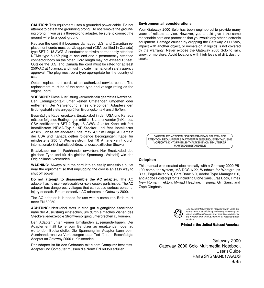 Gateway SYSMAN017AAUS manual Environmental considerations 