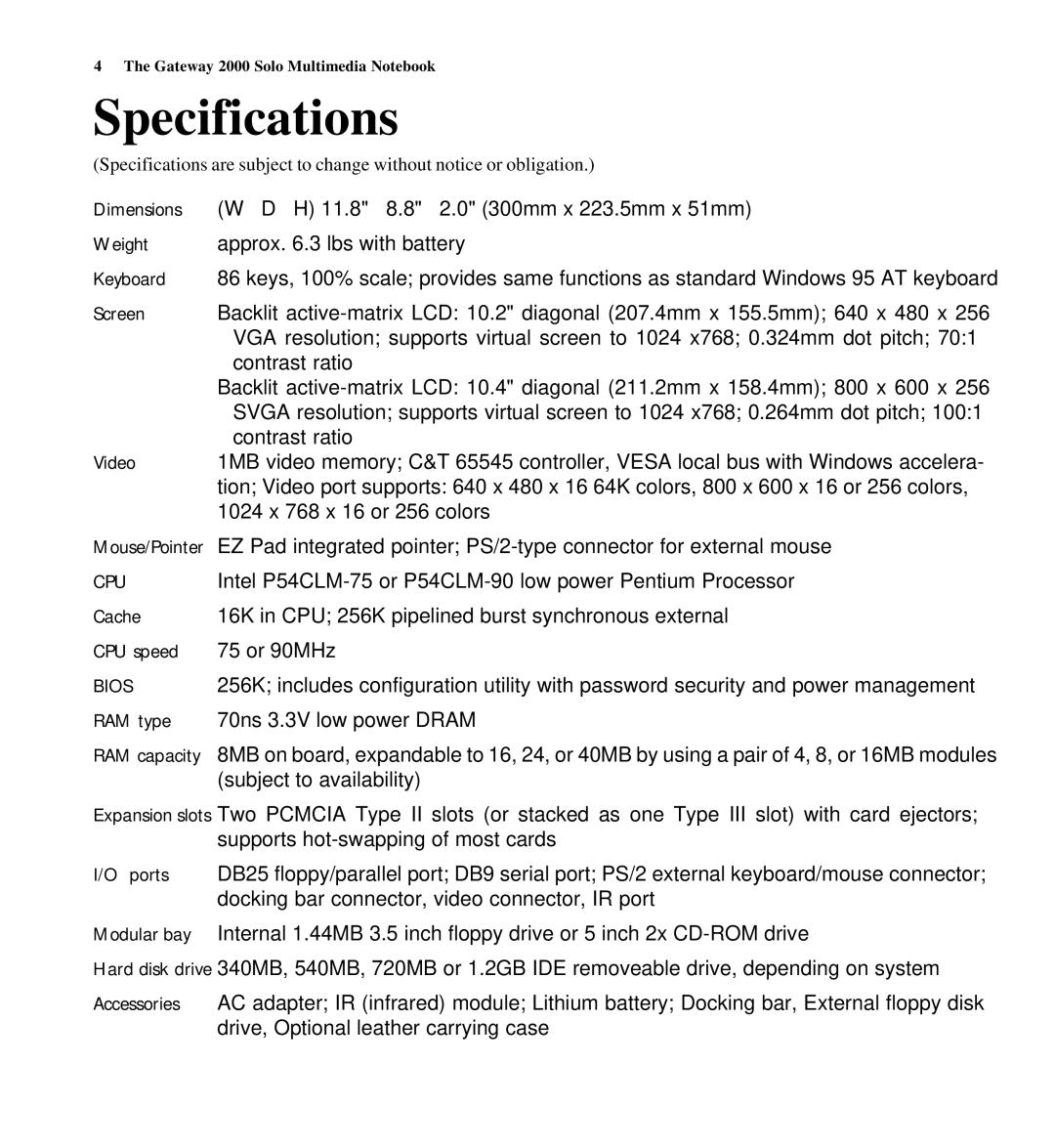 Gateway SYSMAN017AAUS manual Specifications, Cpu 