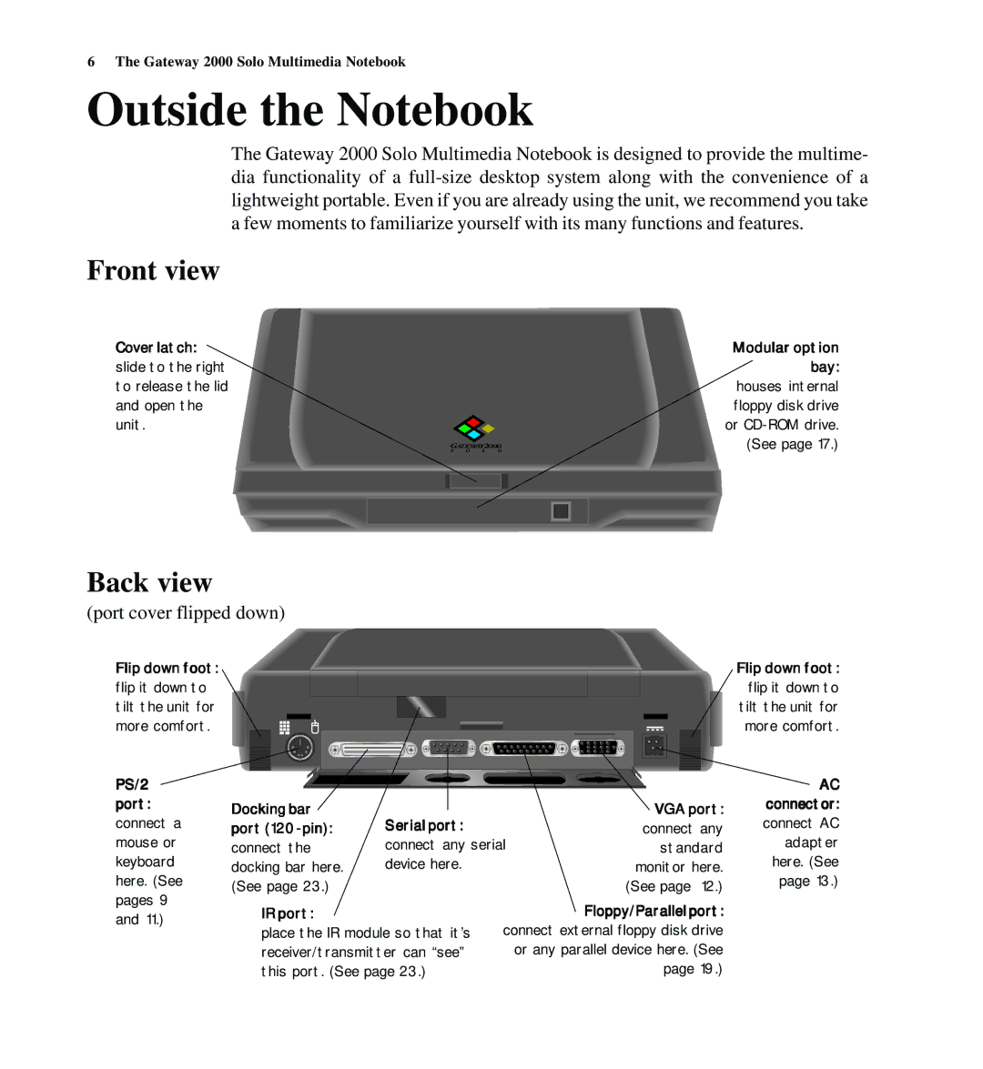 Gateway SYSMAN017AAUS manual Outside the Notebook, Front view, Back view 